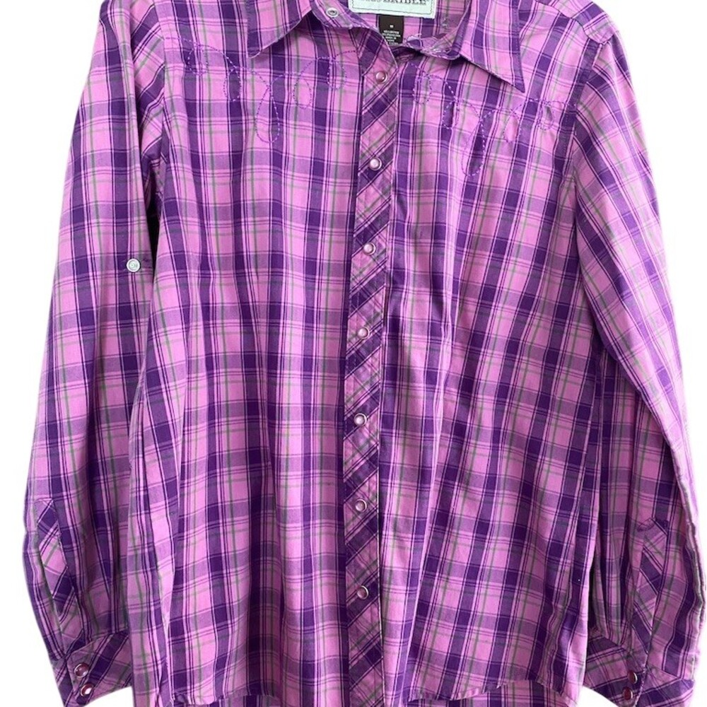 Bit & Bridle Womens Plaid Snap Button Western Shirt Horses Purple Size M